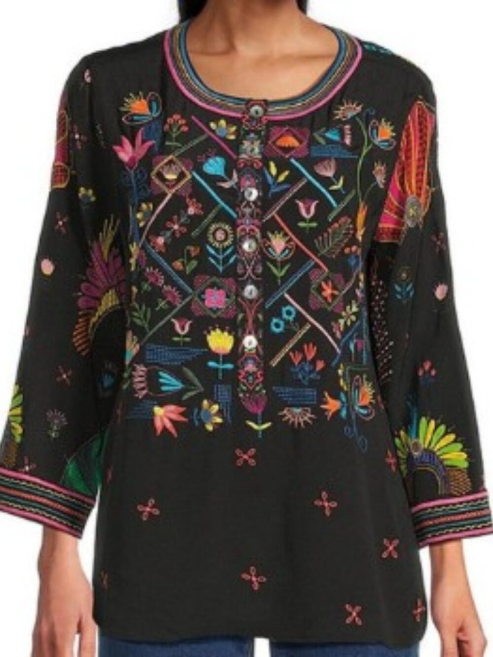 John Mark Woven Embroidered Banded Collar Tunic